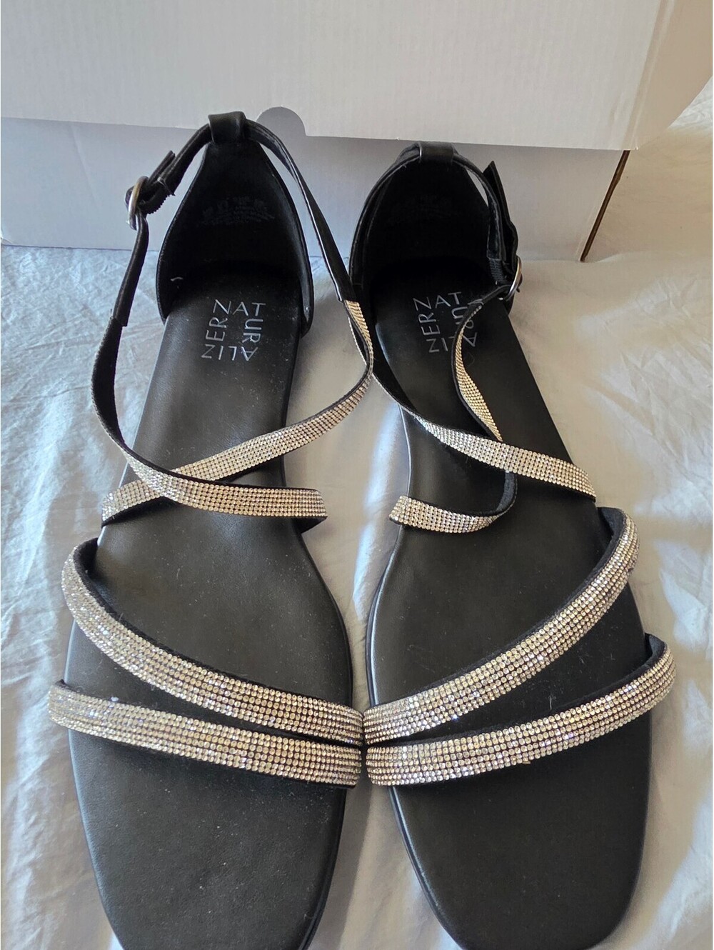 Naturalizer Black Strappy Sandals with Rhinestone Detail, Size 7
